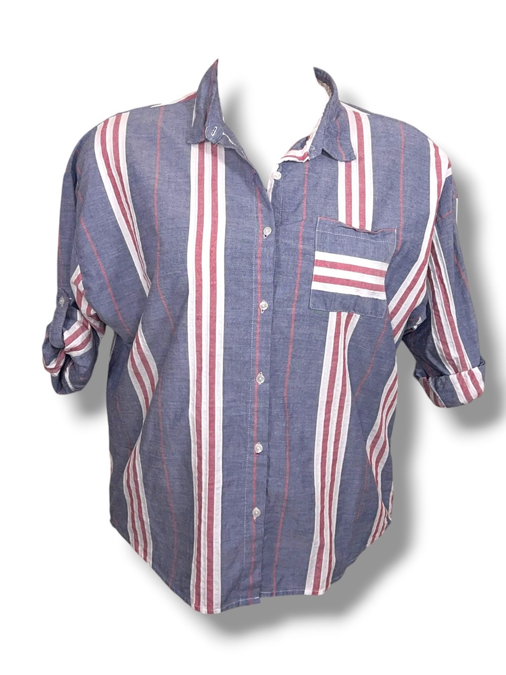 XL Love Notes Blue Red White Stripe Roll Tab Sleeve Top Womens Cotton Preppy